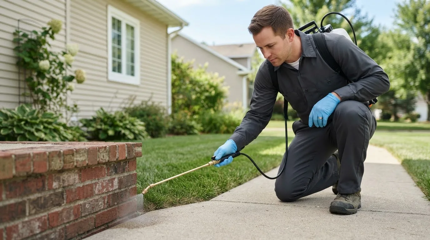 Pest control technician treating a home near Lisbon, ME